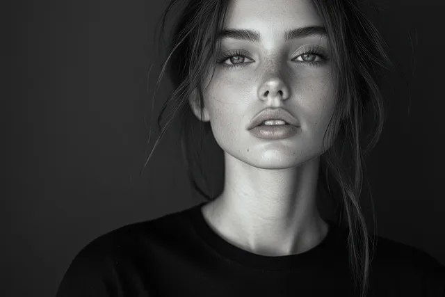 Model wearing a black short-sleeve button-down shirt against a dark minimalist backdrop with soft facial lighting.