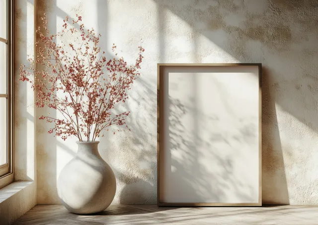 Minimalist empty picture frame beside a vase of dried flowers on sunlit white wall