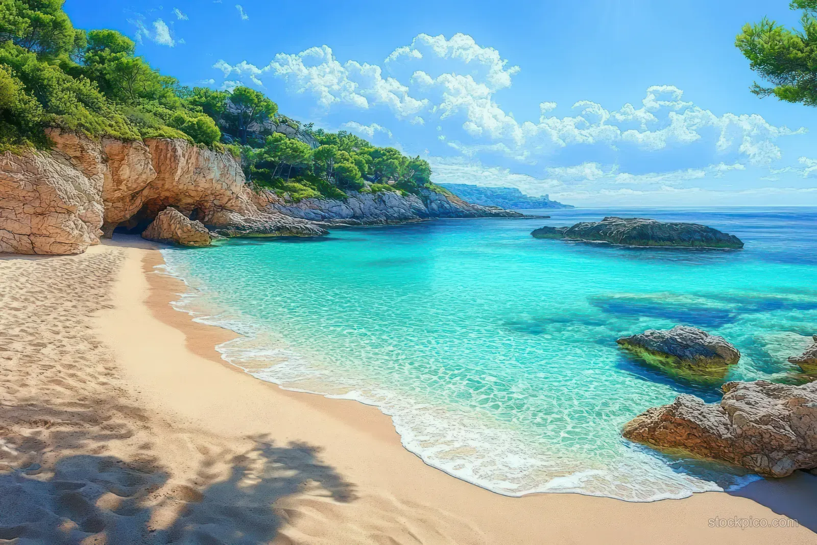 Turquoise waves wash golden sand on Cala Llombards beach with rocky coves and green cliffs in view.