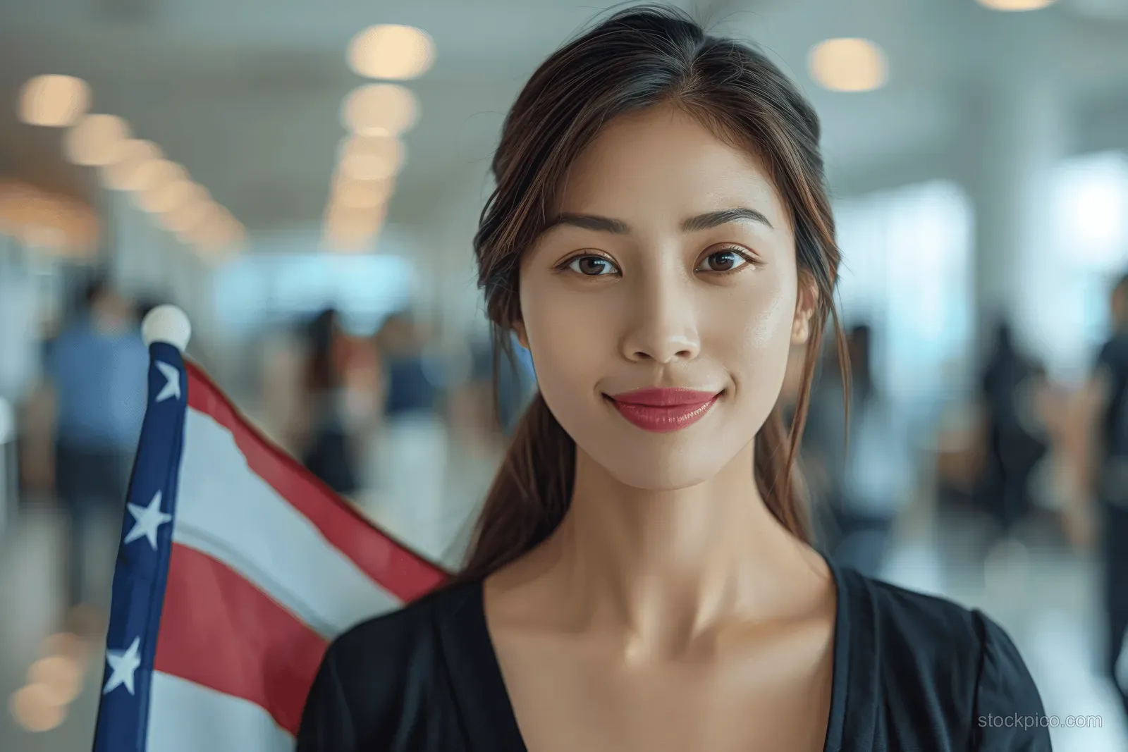 Young woman smiling while holding an American flag indoors with blurred people and warm lights behind her.