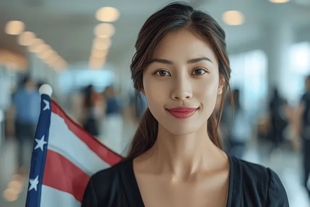 Young woman smiling while holding an American flag indoors with blurred people and warm lights behind her.
