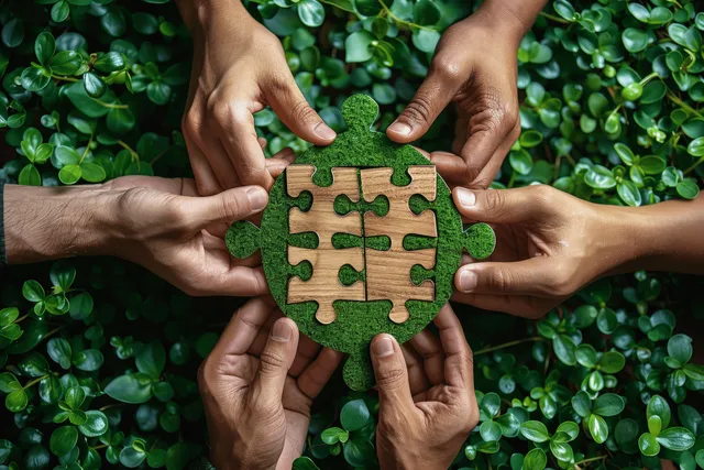 Multiple hands connect green puzzle pieces into a heart shape over leafy plants.