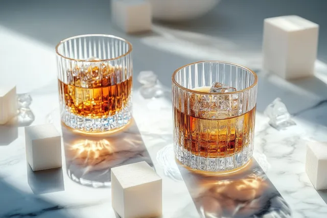 Two glasses of amber iced drink with visible ice cubes on a marble surface surrounded by white foam cubes.