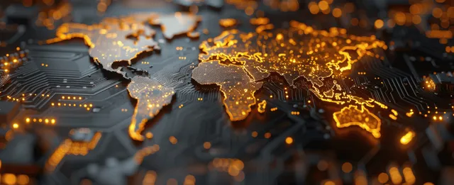 Golden world map glowing over circuit board traces showing global digital connectivity