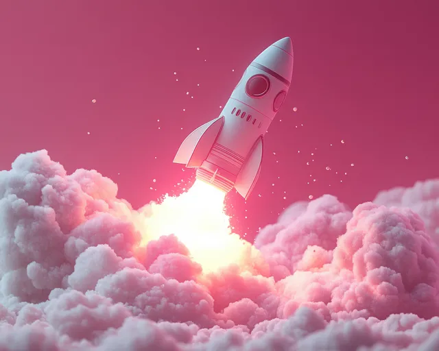 A pastel rocket launches upward from fluffy pink clouds, glowing against a magenta sky.