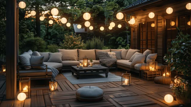 Outdoor deck terrace at night with L-shaped sofas, glowing lanterns, and warm string lights among trees.