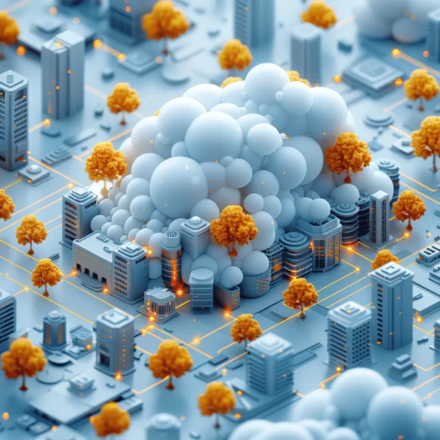 Isometric cloud network over city buildings with glowing data links and golden trees
