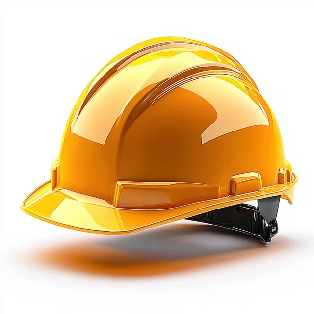 Shiny yellow construction hard hat with glossy reflections on a white background and a cast shadow.