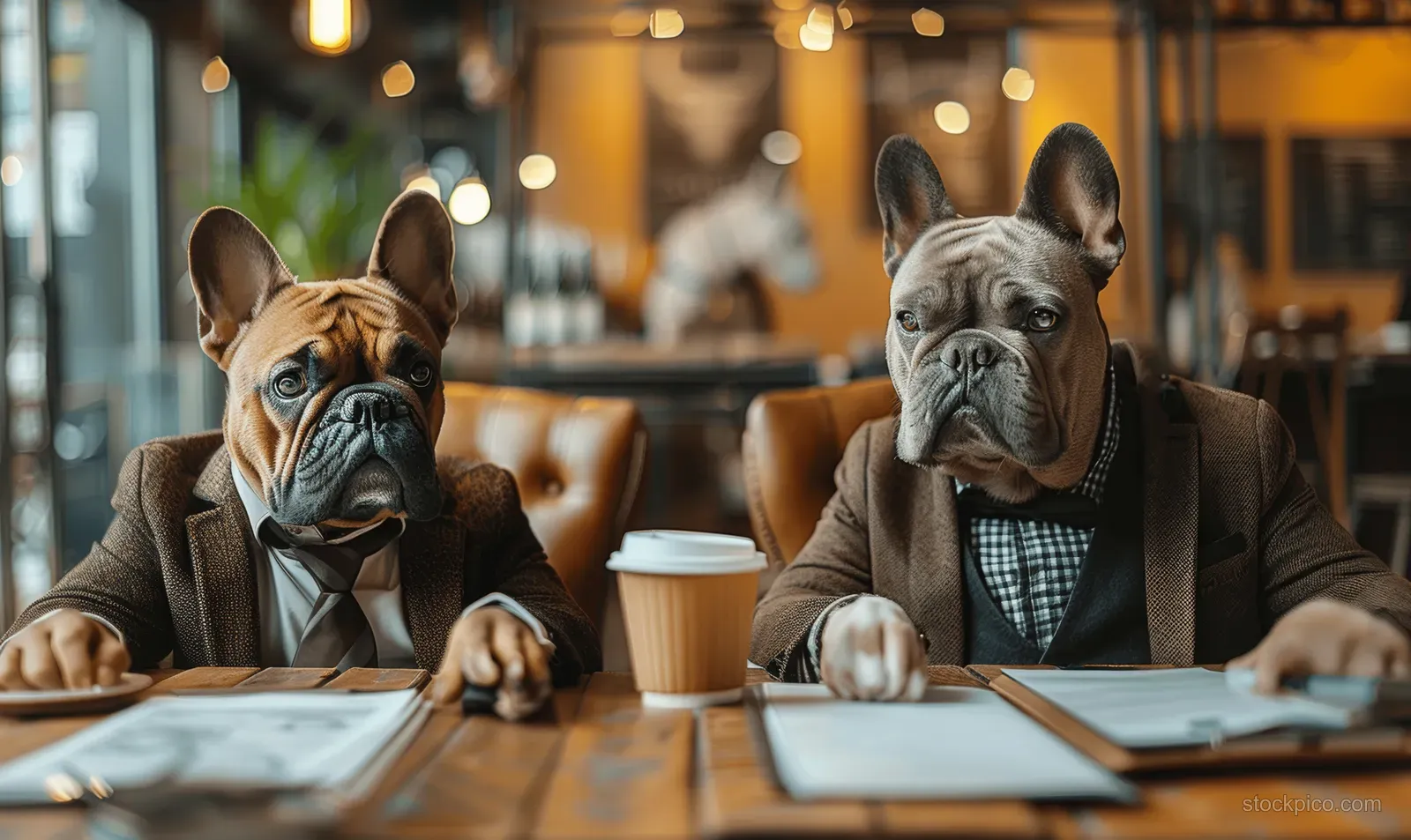 Two French bulldogs in suits sit at a conference table with documents in a modern office.