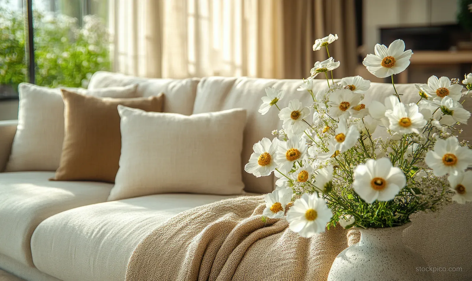 Beige sofa and gold-accent decor with a vase of white daisies in soft natural window light.