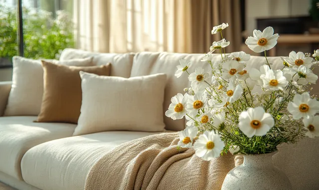 Beige sofa and gold-accent decor with a vase of white daisies in soft natural window light.