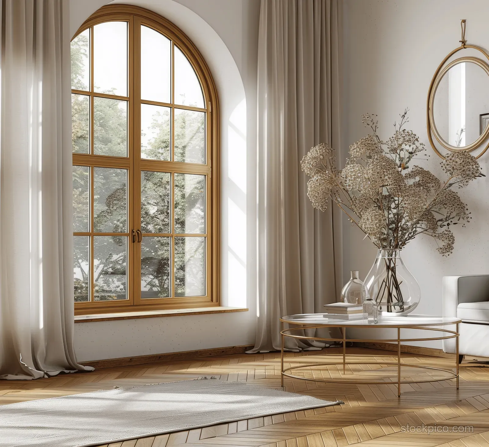 Minimalist living room corner with an arched window, glass coffee table, and dried flower vase on parquet flooring.