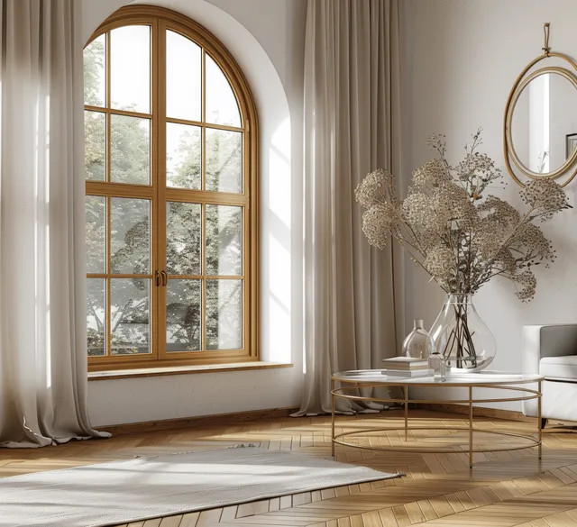 Minimalist living room corner with an arched window, glass coffee table, and dried flower vase on parquet flooring.