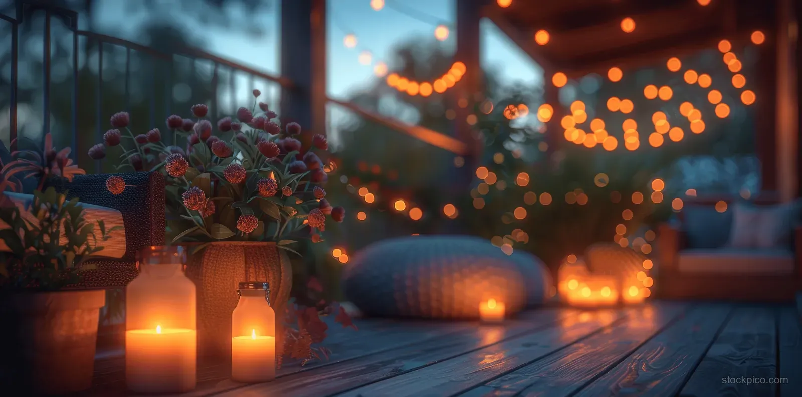 Warm lanterns and string lights illuminate a quiet terrace with potted flowers and blue outdoor seating cushions at night.
