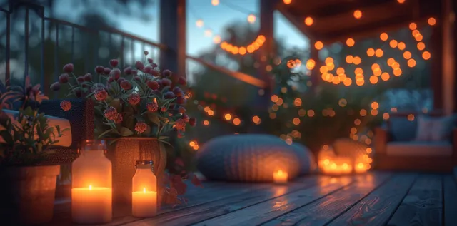 Cozy terrace night scene with string lights, lantern glow, and potted flowers beside outdoor seating