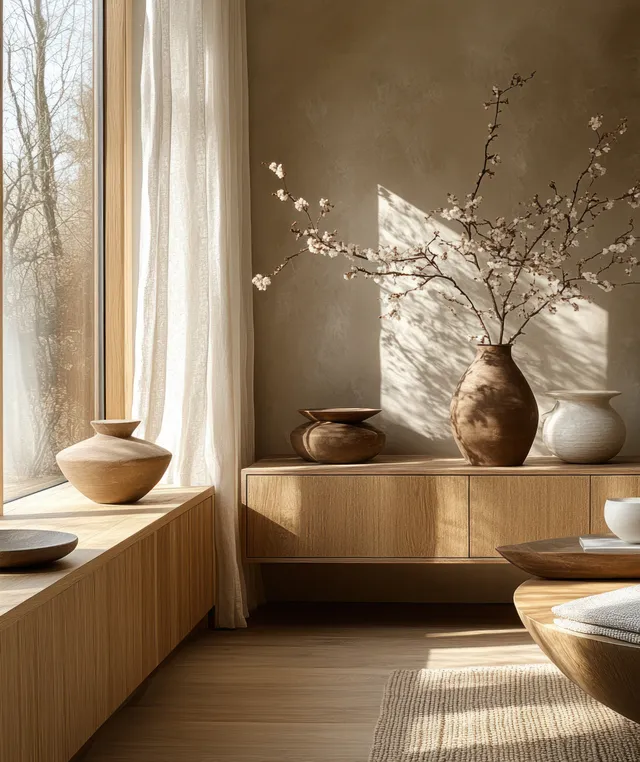 Sunlit Scandinavian interior corner with a wooden sideboard, minimalist vases, and thin tree branches on a shelf.