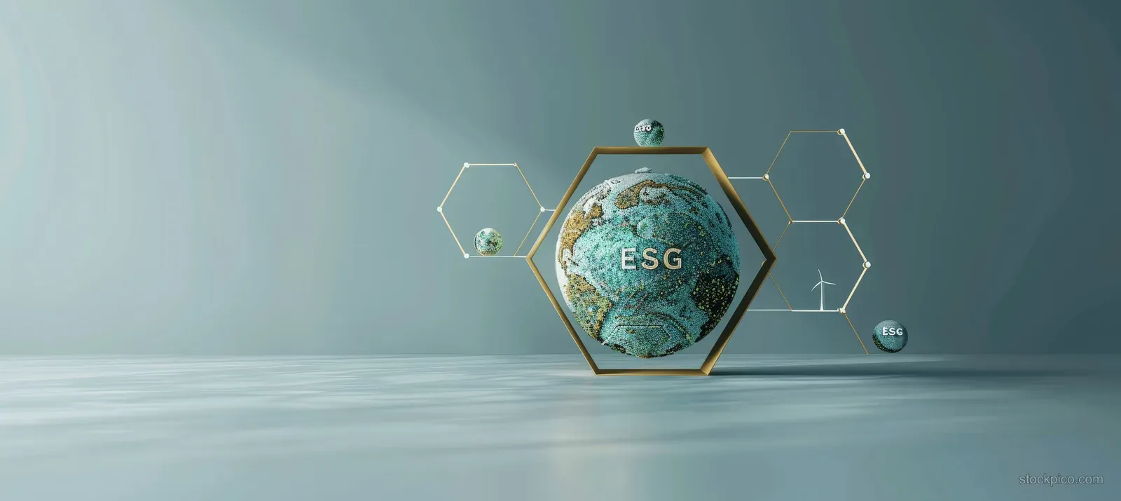 Textured globe in hexagon frame with ESG, wind, and solar symbols on a minimal backdrop.