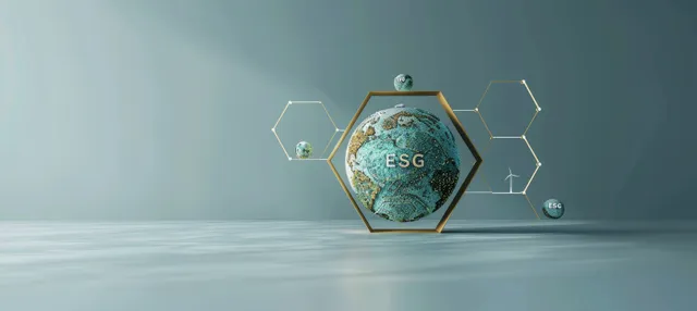 Textured globe in hexagon frame with ESG, wind, and solar symbols on a minimal backdrop.