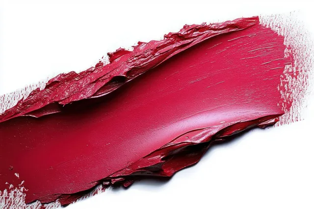 Thick red lipstick smear with glossy creamy texture on clean white background with Fashion Beauty Styling
