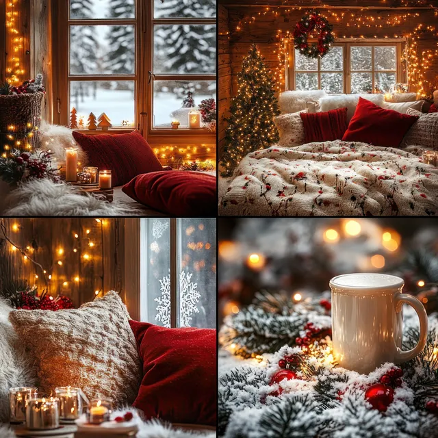 A warm-lit cabin window shows snowy trees while red cushions, candles, and a decorated Christmas tree glow inside.