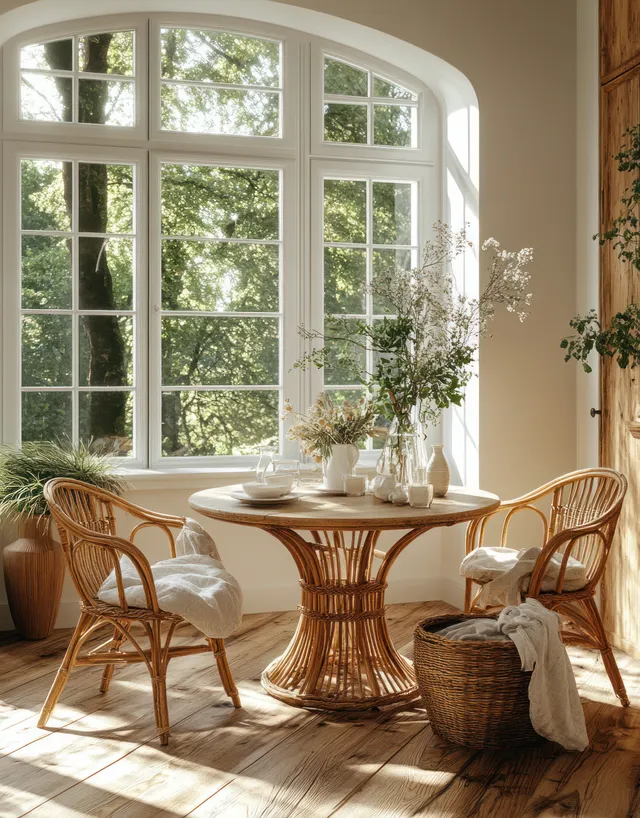 Minimalist dining nook with a round wooden table and wicker chairs beside an arched window letting in sunlight and greenery.