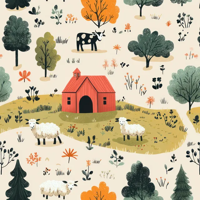Red barn centered in a rural field with two sheep and a black-and-white cow grazing beside autumn trees and wildflowers.