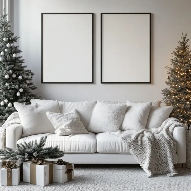 Lit Christmas trees flank a white sofa with pillows and a gray throw beneath two blank picture frames on a cream wall.
