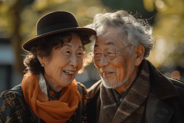 Elderly couple in hats and scarves smile close together in an autumn park.