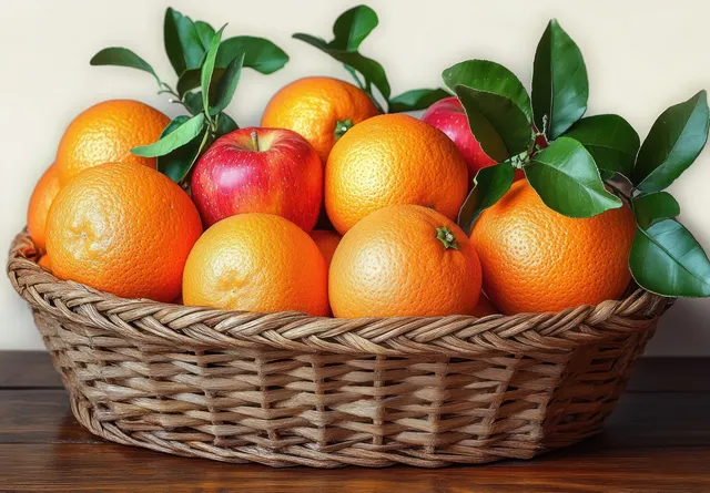 Woven basket filled with apples and citrus oranges with green leaves in soft natural light.