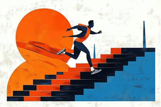 A stylized runner with a flowing cape climbs orange and black stairs under a large orange sun on a white background.