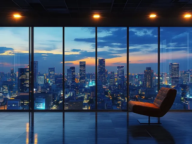 A single chair in an empty modern room faces a glowing skyline through floor-to-ceiling windows at dusk.