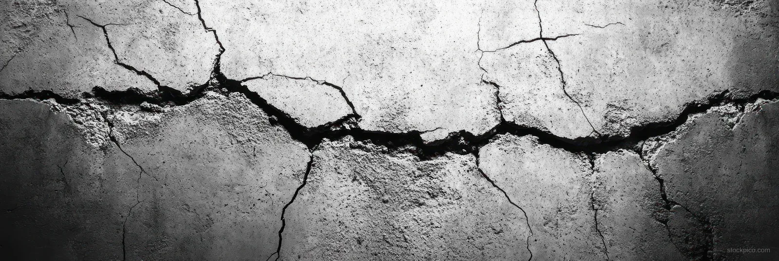 Close-up of a gray concrete wall with wide jagged cracks and rough weathered texture.