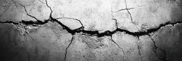 Close-up of a gray concrete wall with wide jagged cracks and rough weathered texture.