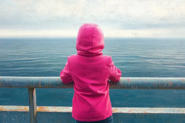 A child in a bright pink hooded jacket stands by a rusty railing and looks out at the calm blue ocean.