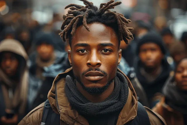 African American man with dreadlocks looking worried amid a post-apocalyptic crowd