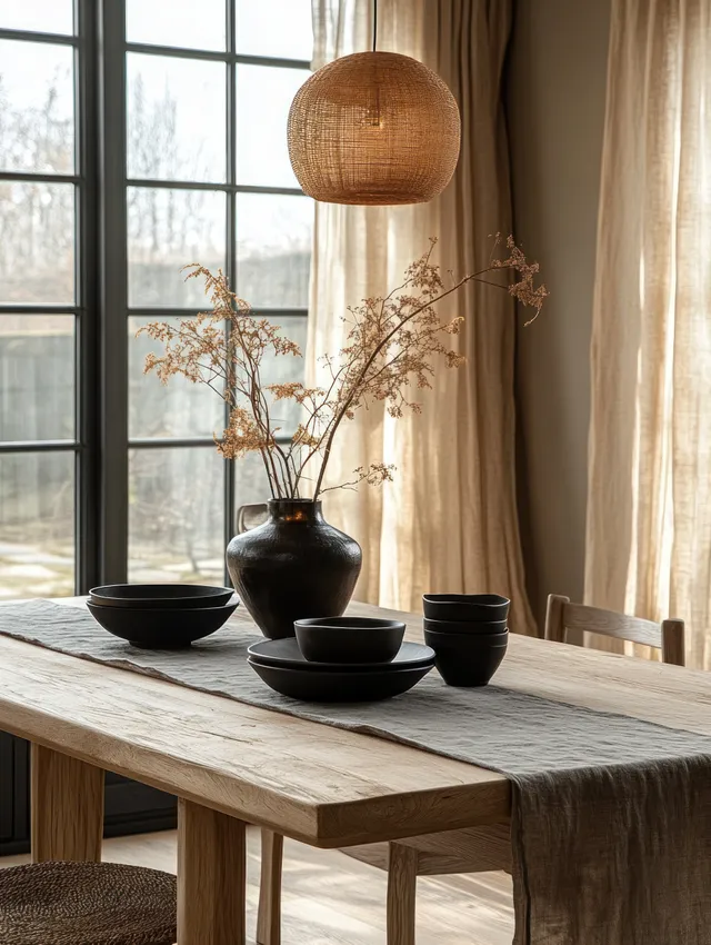 Minimalist dining table with black bowls and a small vase, lit by soft daylight through large windows and sheer curtains.