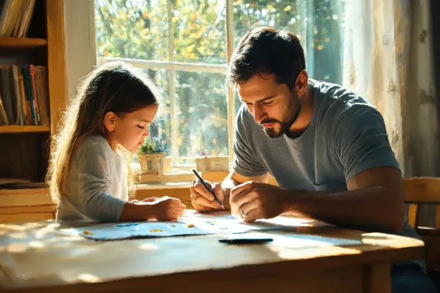 Father guiding son through homework at wooden table beside sunlit window