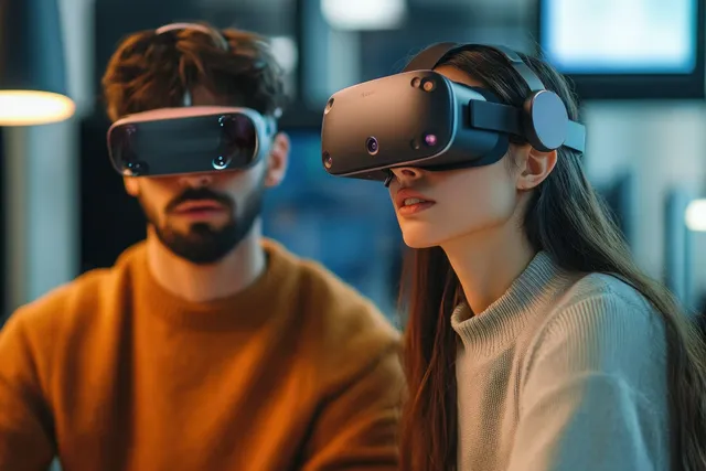 Man and woman wearing VR headsets exploring an indoor digital simulation with glowing displays