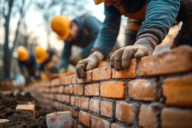 Gloved workers lay orange bricks carefully, building a brick wall outdoors with visible hand action
