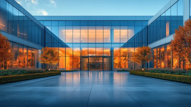 Modern apartment courtyard between glass facades and balconies with warm sunset sky