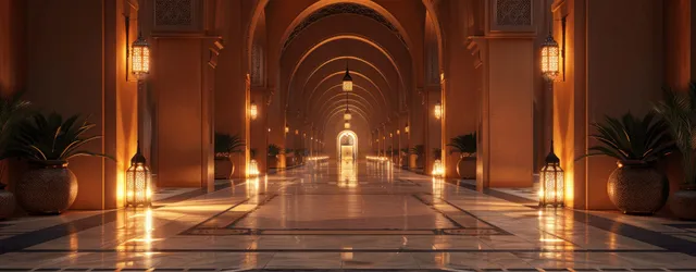 Arabian arch corridor at night with lanterns casting warm light into a hotel interior