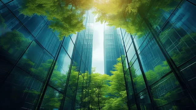 Torres de rascacielos de vidrio se mezclan con árboles frondosos en una escena urbana de doble exposición iluminada por el sol.