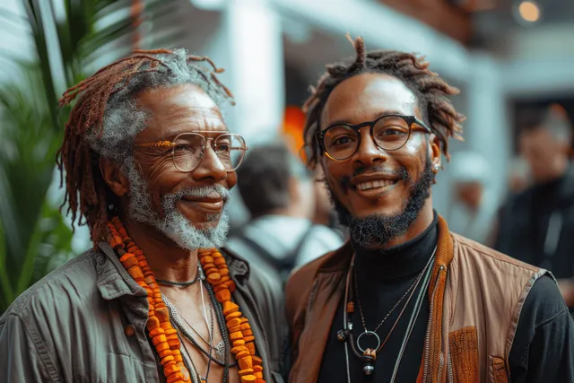 Two smiling men standing together, older gray dreadlocks and younger glasses in warm indoor light