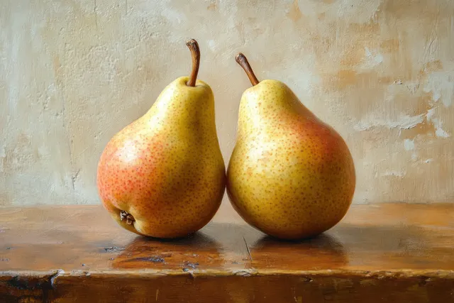 Dos peras amarillas maduras con motas rojizas reposan muy juntas sobre una mesa rústica de madera frente a un fondo beige texturizado.