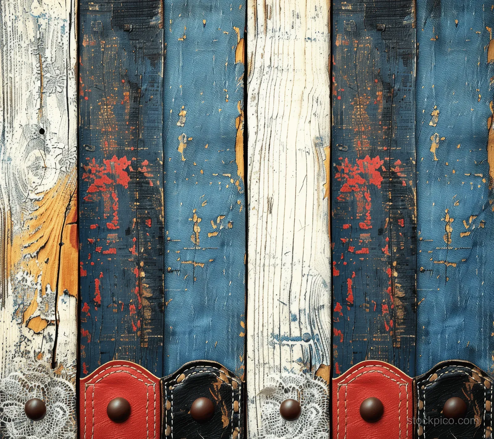 Weathered denim fabric panels in dark blue with lace-like trim and small leather button details on a textured background.