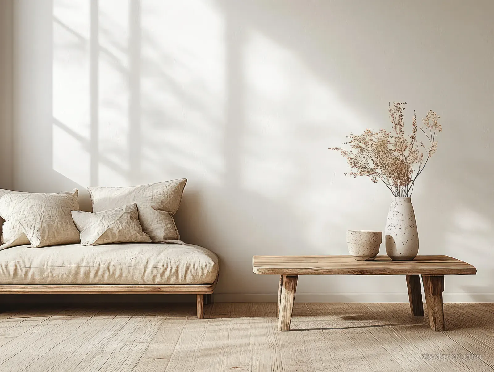 Beige sofa beside a wooden coffee table with a vase of dried flowers under soft sunlight.
