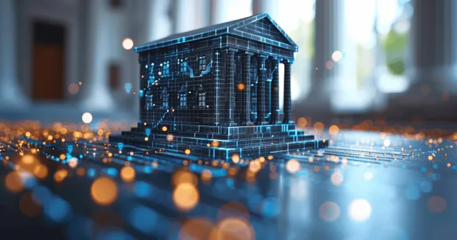 Glowing wireframe bank building above blurred payment network lights, implying secure digital banking.