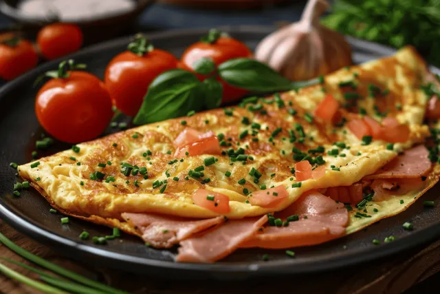 Ham and chive omelette with salmon, garnished with herbs and served with cherry tomatoes on a dark plate.