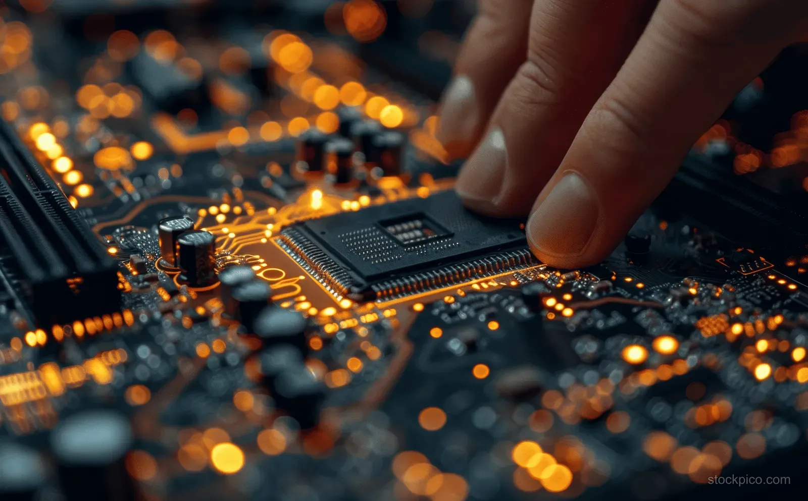 Technician hands inspect an open PC motherboard, touching a microchip on densely packed circuit traces.