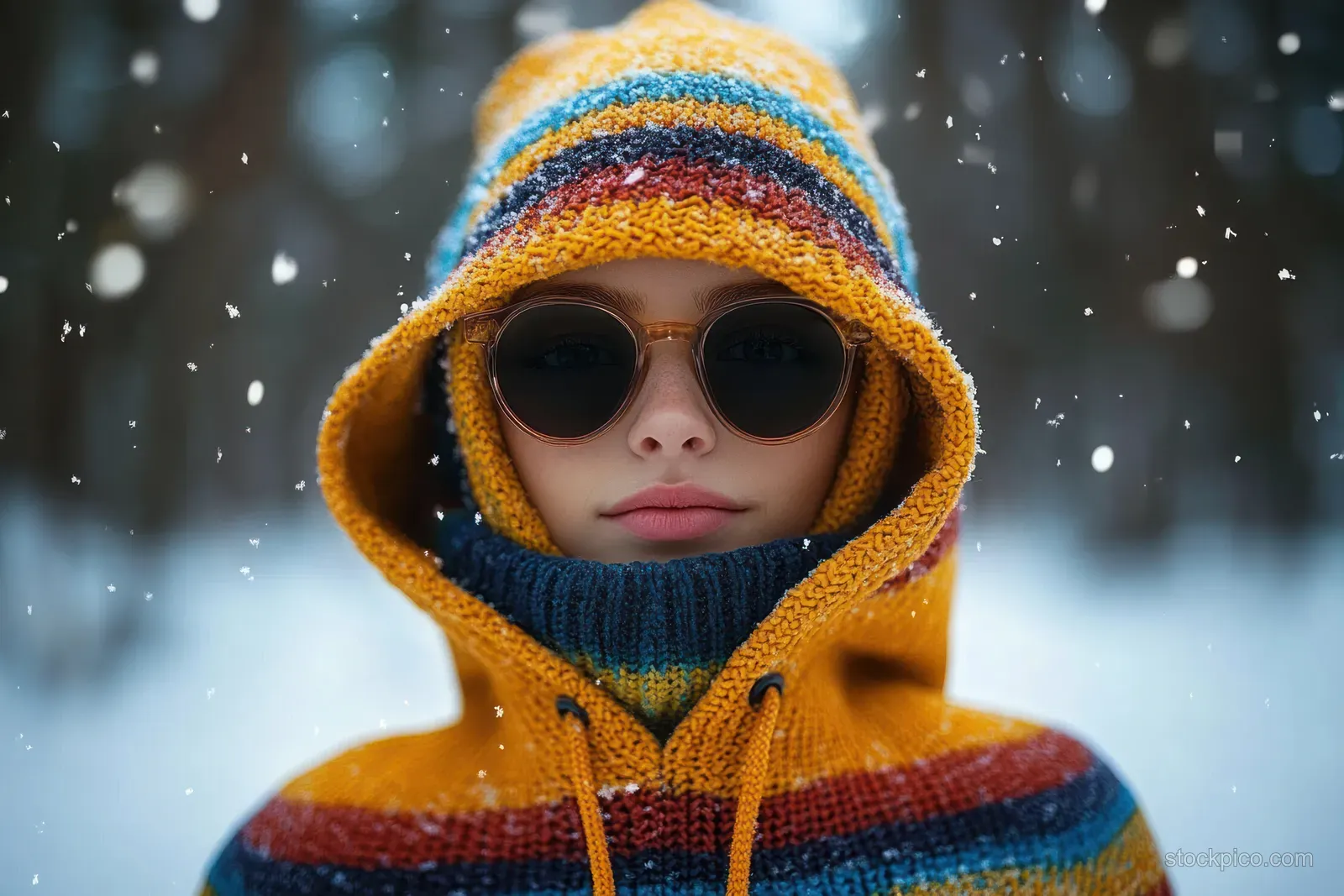 A chihuahua dog wearing a wool hat and sunglasses poses in a snowy park with blurred trees and falling snow.
